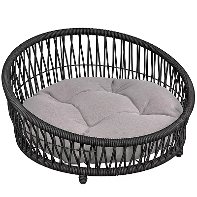 Stylish Black Rattan Pet Furniture With Round Design And Gray Cushion 3d model