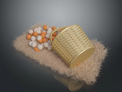 Chicken Eggs White And Orange Scattered From Golden Woven Basket On Straw Mat 3d model