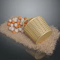 Chicken Eggs White And Orange Scattered From Golden Woven Basket On Straw Mat