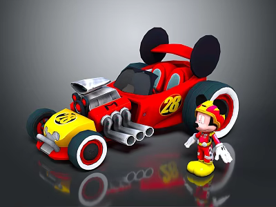 Red Cartoon Car Featuring Mickey Mouse Ears Number 28 And Toy Figure 3d model