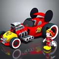 Red Cartoon Car Featuring Mickey Mouse Ears Number 28 And Toy Figure