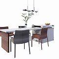 Modern Dining Table Set With Marble Top Gray Brown Chairs Pendant Lights And Potted Plant