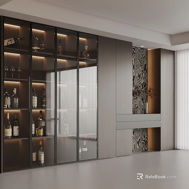 Modern Wine Cabinet With Glass Doors And Interior Lighting For Wine Bottles And Glasses 3d model 