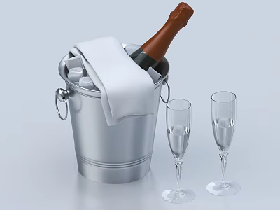 Stainless Steel Champagne Bucket Set With Bottle Glasses And White Towel 3d model