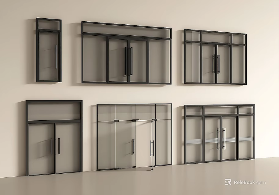 Modern Double Doors Collection Featuring Various Glass Panels And Black Frames 3d model
