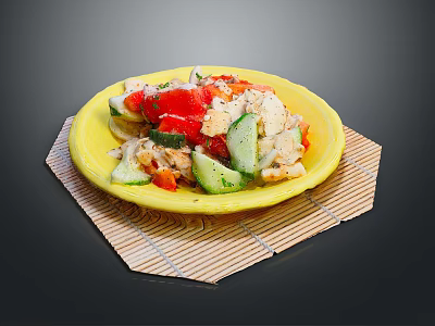 Fresh Healthy Salad With Cucumber Tomato And Vegetables Served On Yellow Plate And Bamboo Mat 3d model