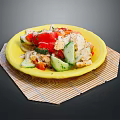 Fresh Healthy Salad With Cucumber Tomato And Vegetables Served On Yellow Plate And Bamboo Mat