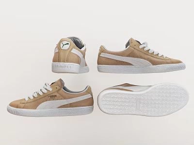 Tan Low Top Casual Sneakers With White Stripes And Rubber Sole Design 3d model