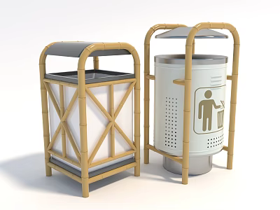 Public Facilities Outdoor Trash Bins With Wooden Frames And Metal Bodies Featuring Waste Disposal Icons 3d model