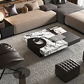 Modern L Shaped Sofa And Marble Coffee Table Set With Decorative Pillows And Area Rug