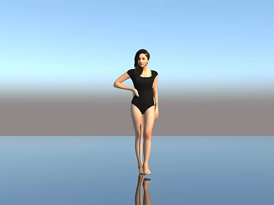 Woman wearing black one-piece swimsuit standing on smooth surface with reflection against blue sky background 3d model