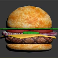 Juicy Hamburger With Orange Bun Green Lettuce Yellow Cheese Red Onion And Beef Patty