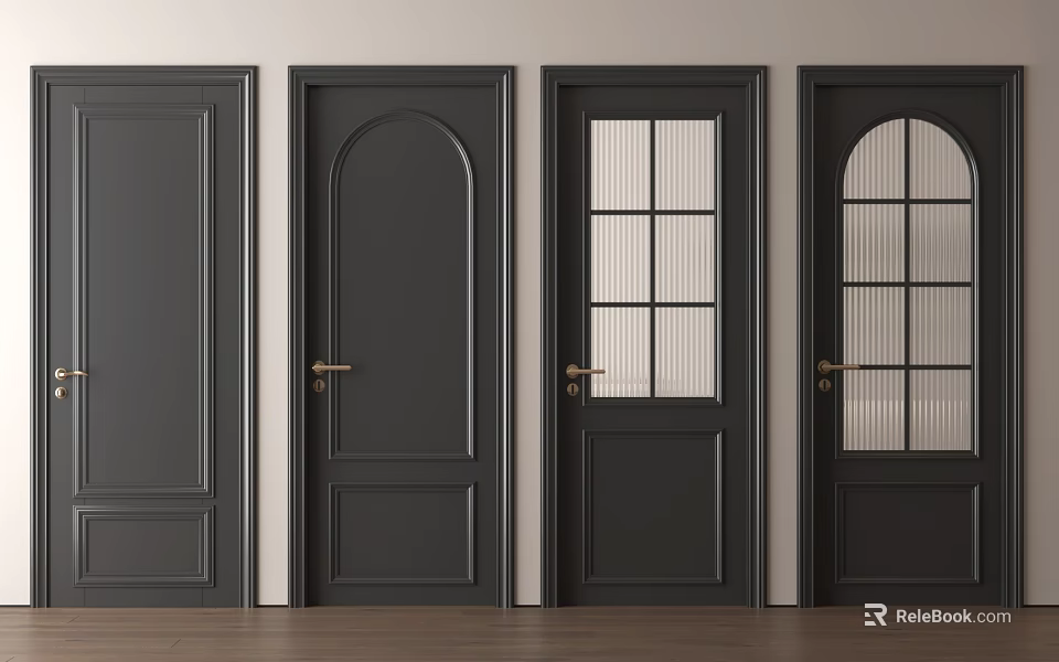Black Hinged Doors With Various Designs Including Glass Panels And Arched Top For Home Interior 3d model 