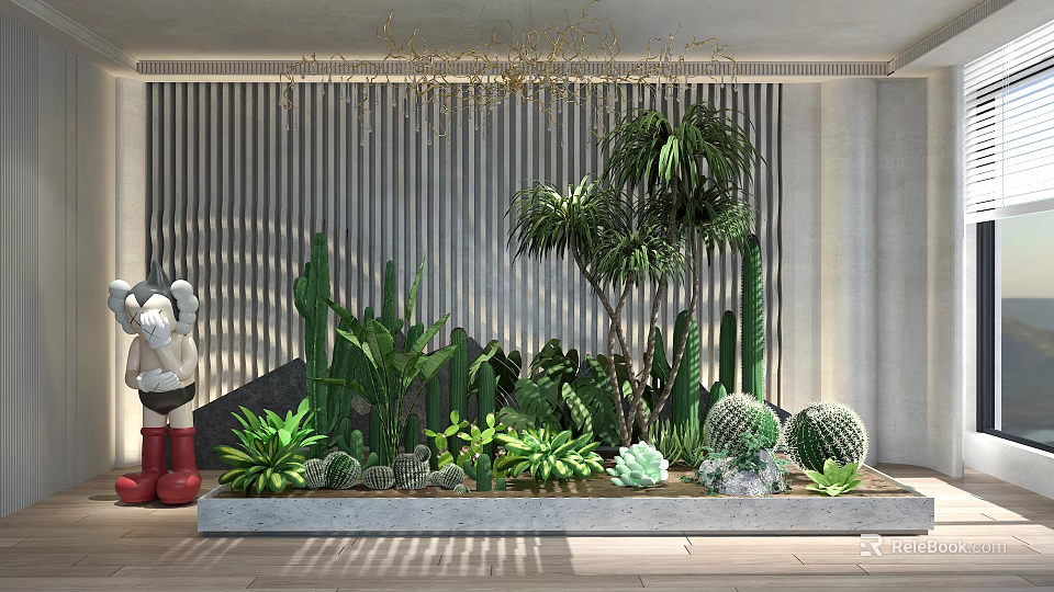 Indoor Tropical Plant Display With Cactus Palm Trees Various Succulents Against Vertical Striped Wall 3d model 