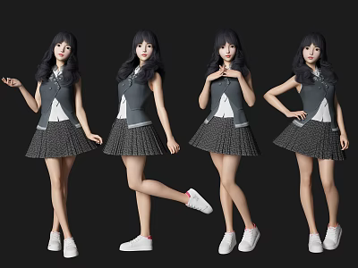 Four Young Women In Gray Vest White Shirt And Polka Dot Skirt Different Poses 3d model
