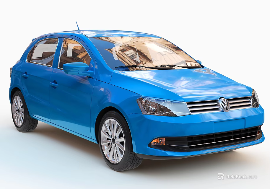 Blue Volkswagen Compact Hatchback Shiny Exterior With Alloy Wheels And Front Grille 3d model 