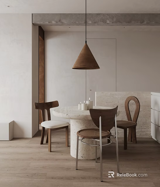 Minimalist Restaurant Interior With Round Dining Table Wooden Chairs And Pendant Light 3d model