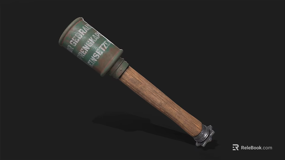 Vintage Green Grenade Weapon Featuring Wooden Handle Marked Text And Metal Base 3d model 