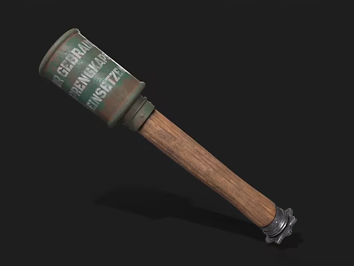 Vintage Green Grenade Weapon Featuring Wooden Handle Marked Text And Metal Base 3d model
