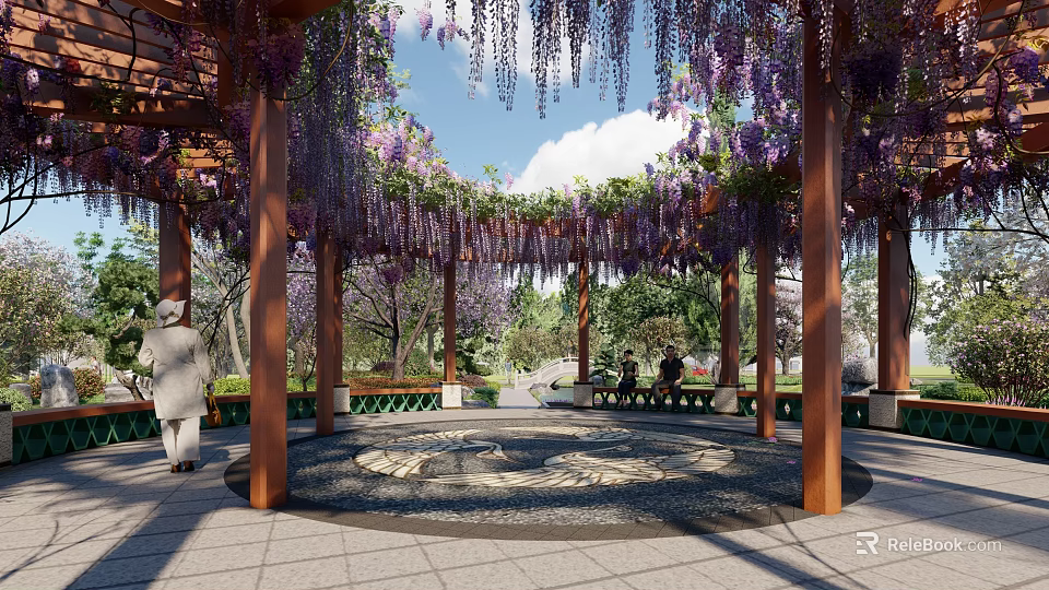 Outdoor Landscape Seats Under Wisteria Pergola With Greenery And Leisure Space 3d model 