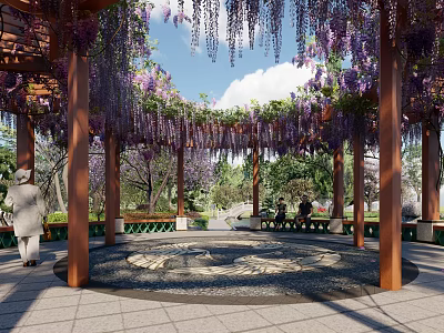 Outdoor Landscape Seats Under Wisteria Pergola With Greenery And Leisure Space 3d model