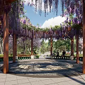 Outdoor Landscape Seats Under Wisteria Pergola With Greenery And Leisure Space