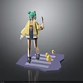 3D Character Model With Green Hair Yellow Jacket Purple Platform And Yellow Ducklings