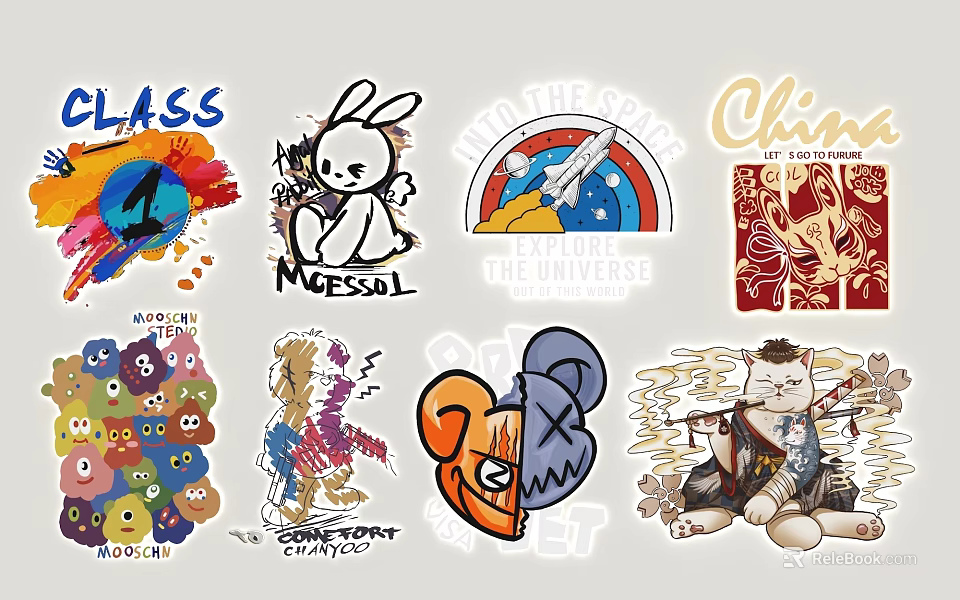 Creative Wall Decor With Cartoon Characters Letter Stickers And Colorful Patterns 3d model