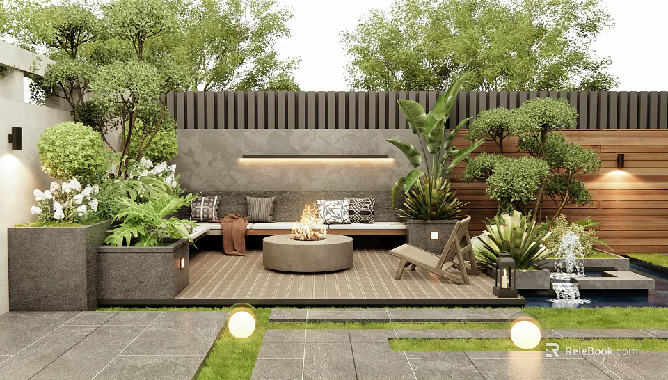 Courtyard Garden Design With Wooden Fence Bench Fire Pit Plants Fountain Lanterns And Lawn Lights 3d model 