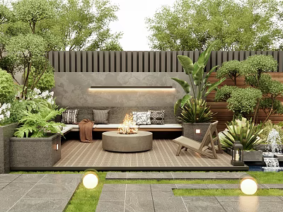 Courtyard Garden Design With Wooden Fence Bench Fire Pit Plants Fountain Lanterns And Lawn Lights 3d model