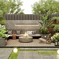 Courtyard Garden Design With Wooden Fence Bench Fire Pit Plants Fountain Lanterns And Lawn Lights