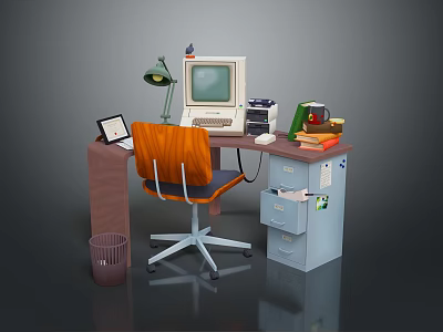 Vintage Office Desk Setup With Old Computer Desk Lamp Printer Books And Wooden Chair 3d model