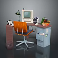 Vintage Office Desk Setup With Old Computer Desk Lamp Printer Books And Wooden Chair