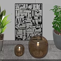 Brown Glass Decorative Lamps With Green Plants And Geometric Art In Living Room