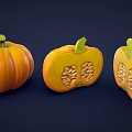 Fresh Orange Pumpkins Whole and Sliced Showing Inner Seeds on Dark Background