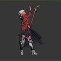 Dynamic Fantasy Character In Red Outfit With White Hair And Black Cape Holding Weapon
