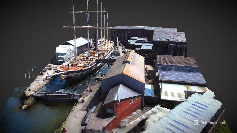 Historic Ship Dock Scenery With Red Brick Buildings Sloped Roofs And Waterfront 3d model 