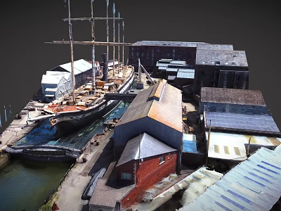 Historic Ship Dock Scenery With Red Brick Buildings Sloped Roofs And Waterfront 3d model