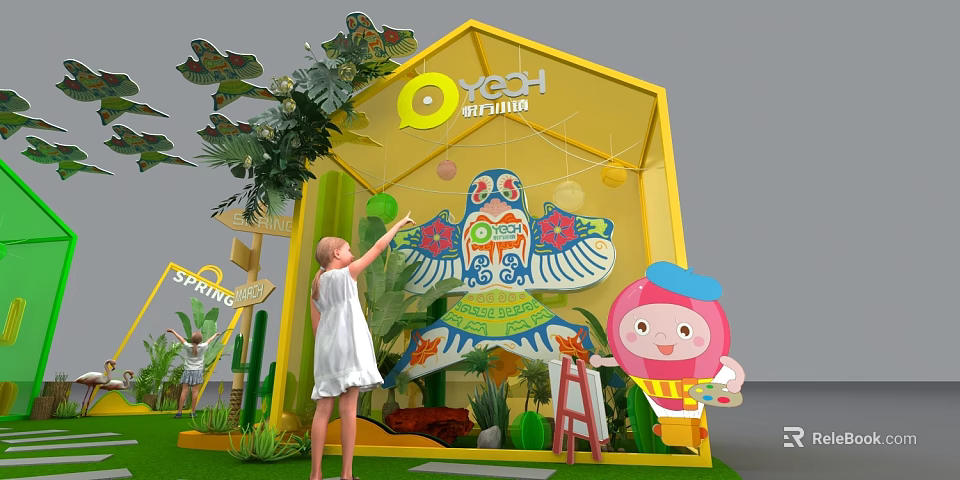 Spring Outdoor Decorative Display with Yellow Structure Girl Pointing Kite Decoration Cartoon Character Green Plants 3d model 