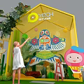 Spring Outdoor Decorative Display with Yellow Structure Girl Pointing Kite Decoration Cartoon Character Green Plants