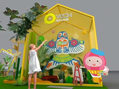 Spring Outdoor Decorative Display with Yellow Structure Girl Pointing Kite Decoration Cartoon Character Green Plants 3d model