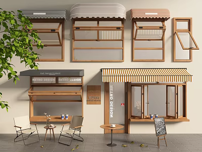 Casement Windows Modern Wooden Cafe Shop Front with Awnings Tables Chairs and Blackboard Menu 3d model