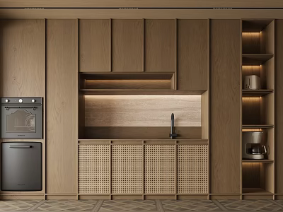 Restaurant Modern Open Kitchen With Wooden Cabinets Woven Texture Doors And Lit Shelves 3d model