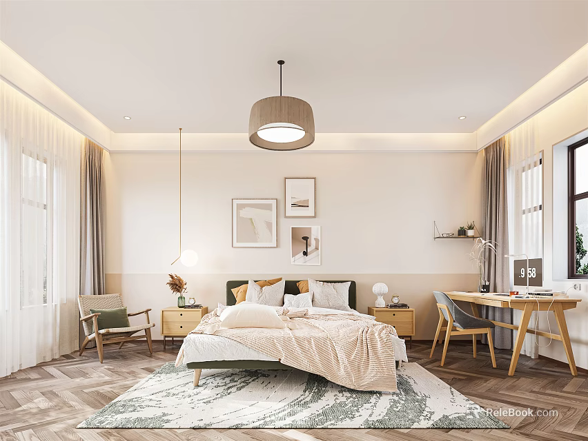 Modern Cozy Bedroom Interior With Comfortable Bed Patterned Rug Desk Chair And Wall Art 3d model 
