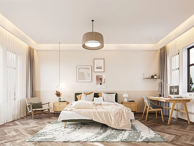 Modern Cozy Bedroom Interior With Comfortable Bed Patterned Rug Desk Chair And Wall Art 3d model