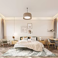 Modern Cozy Bedroom Interior With Comfortable Bed Patterned Rug Desk Chair And Wall Art