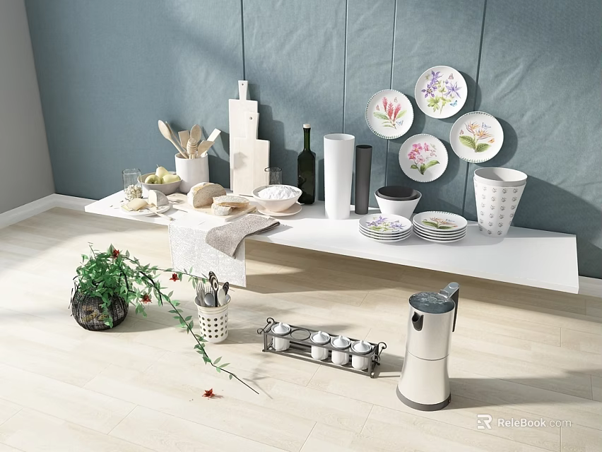 Kitchen Shelf Display of Elegant Ceramic Dinnerware Set with Floral Plates Bowls and Cups 3d model 