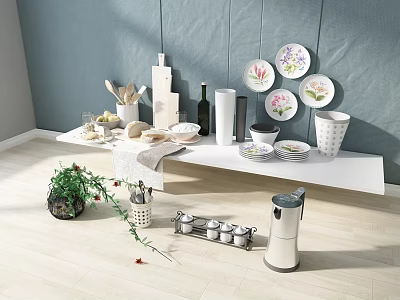Kitchen Shelf Display of Elegant Ceramic Dinnerware Set with Floral Plates Bowls and Cups 3d model
