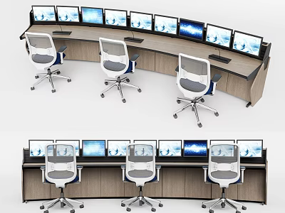 Modern Curved Office Desk Workstation With Multiple Monitors And Chairs 3d model