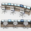 Modern Curved Office Desk Workstation With Multiple Monitors And Chairs